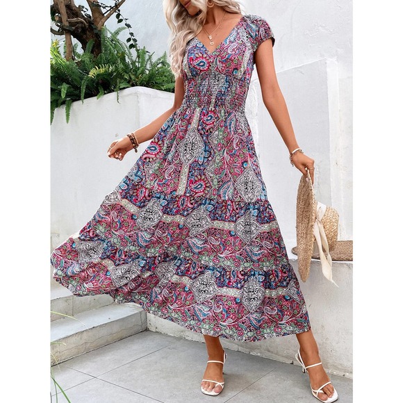 boho gypsy Paisley Print Shirred Detail Ruffle Hem Dress - Picture 10 of 12